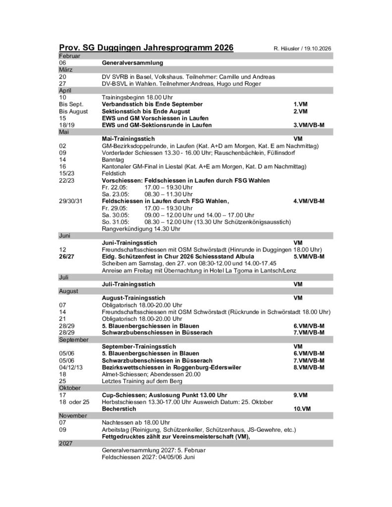 Jahresprogramm SGSchützen 2026